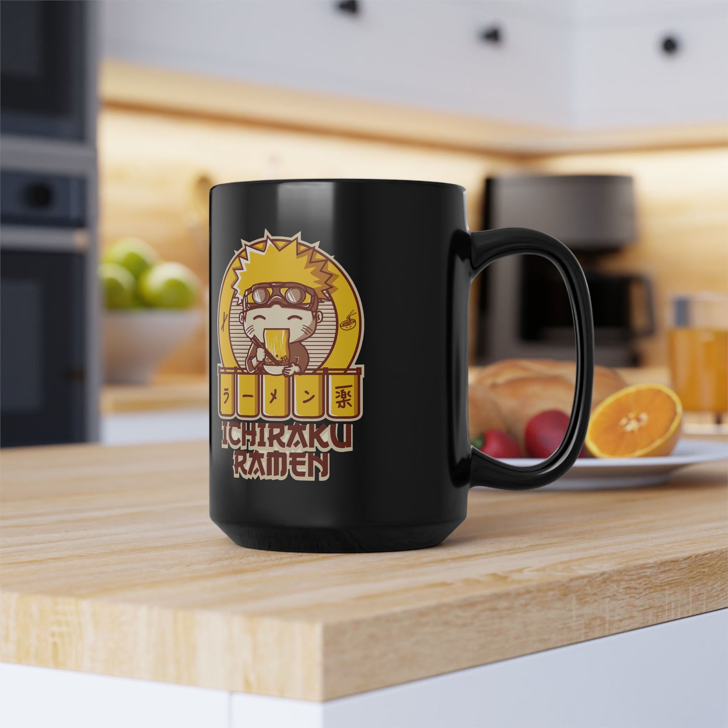 Naruto Ramen Black Mug, 15oz Ceramic Cup, Anime Gift, Coffee Lover's Mug, Nerdy Kitchen Decor, Geeky Drinkware