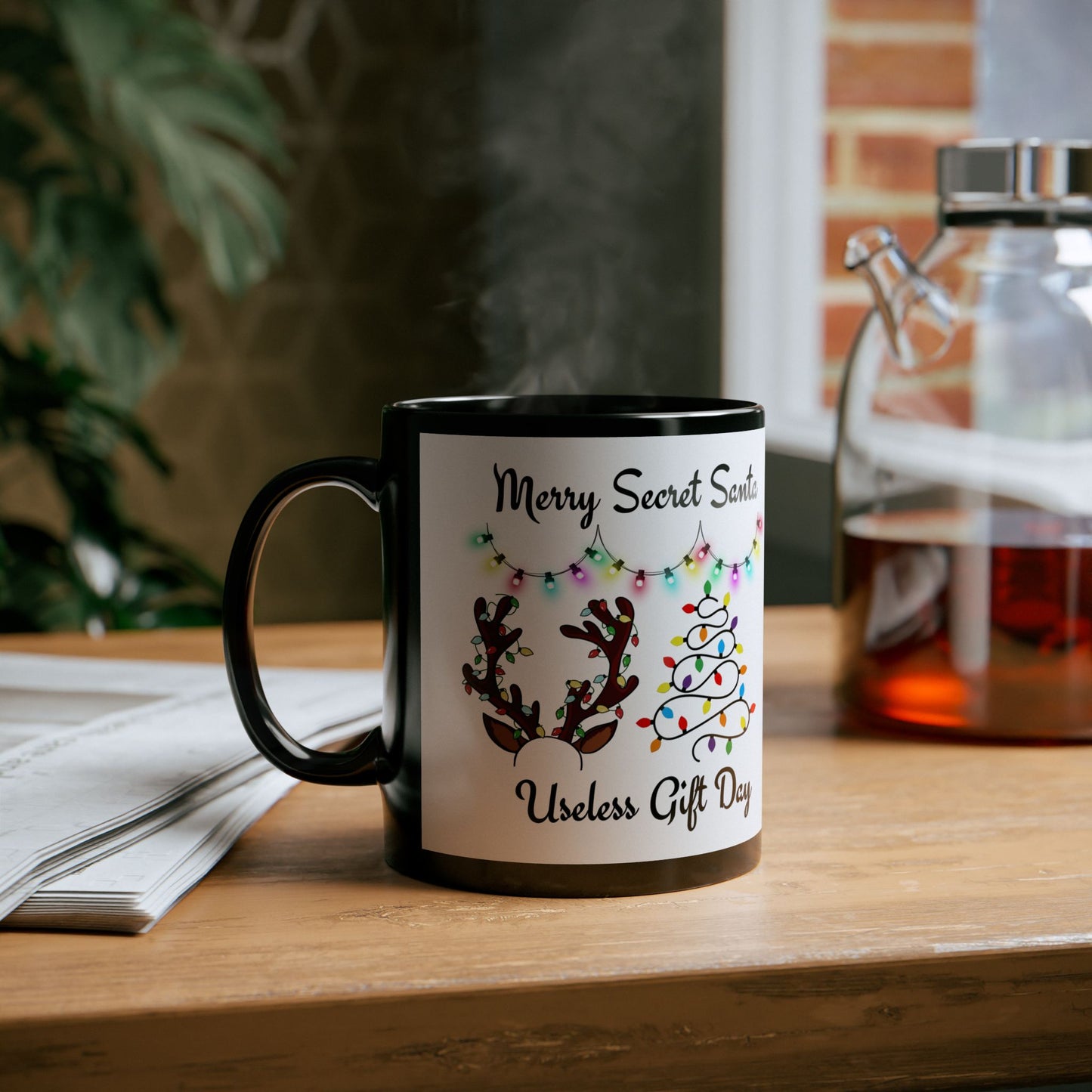 Festive Secret Santa Mug - Merry Secret Santa, Useless Gift Day, Holiday Cheer, Christmas Coffee Cup, 11oz/15oz Black Mug