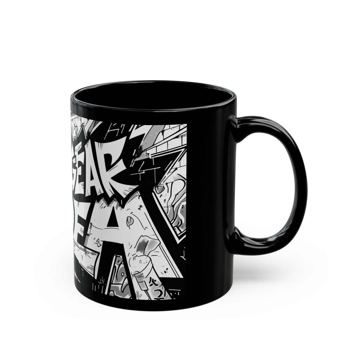 Bold Graffiti All the Gear No Idea Black Mug, Artistic Gift for Hip-Hop Lovers, Streetwear Style Coffee Cup, Unique Home Decor, Cool Birthday Present
