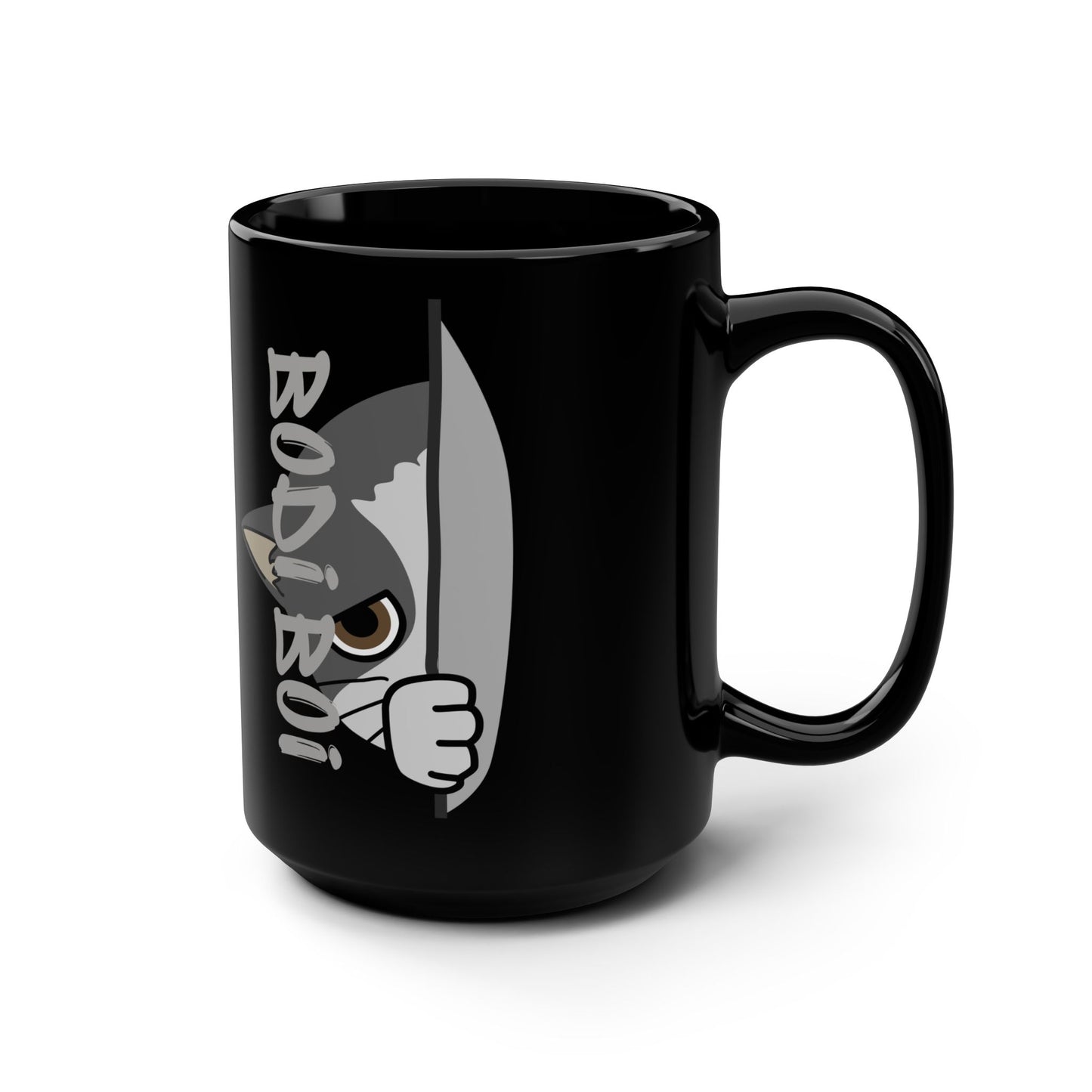 Cute Cat Mug, Bodi Boi Coffee Cup, Fun Cat Lover Gift, Black 15oz Ceramic Mug, Feline Home Decor, Pet-Themed Drinkware