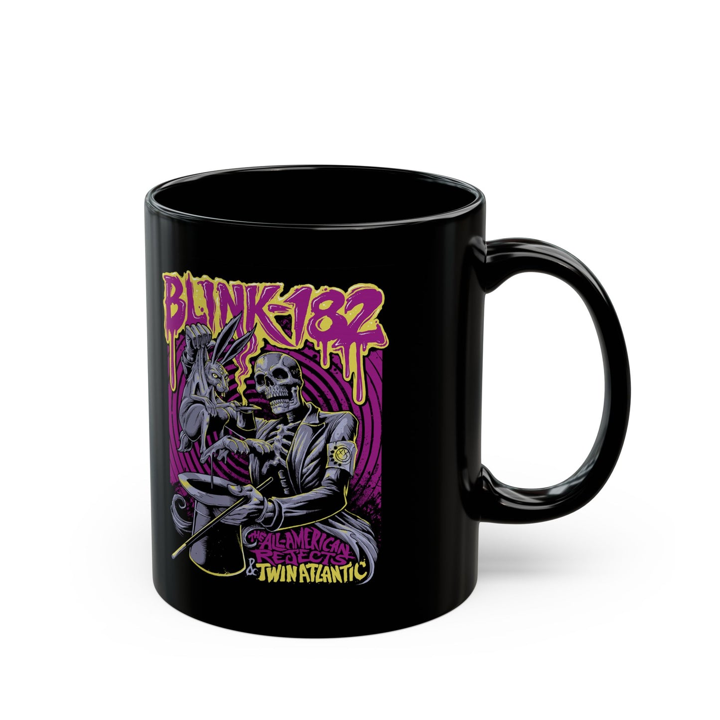 Blink-182 Graphic Mug, Cool Music Gift for Fans, 11oz Black Coffee Cup, Vintage Band Merchandise, Perfect for Birthdays and Holidays