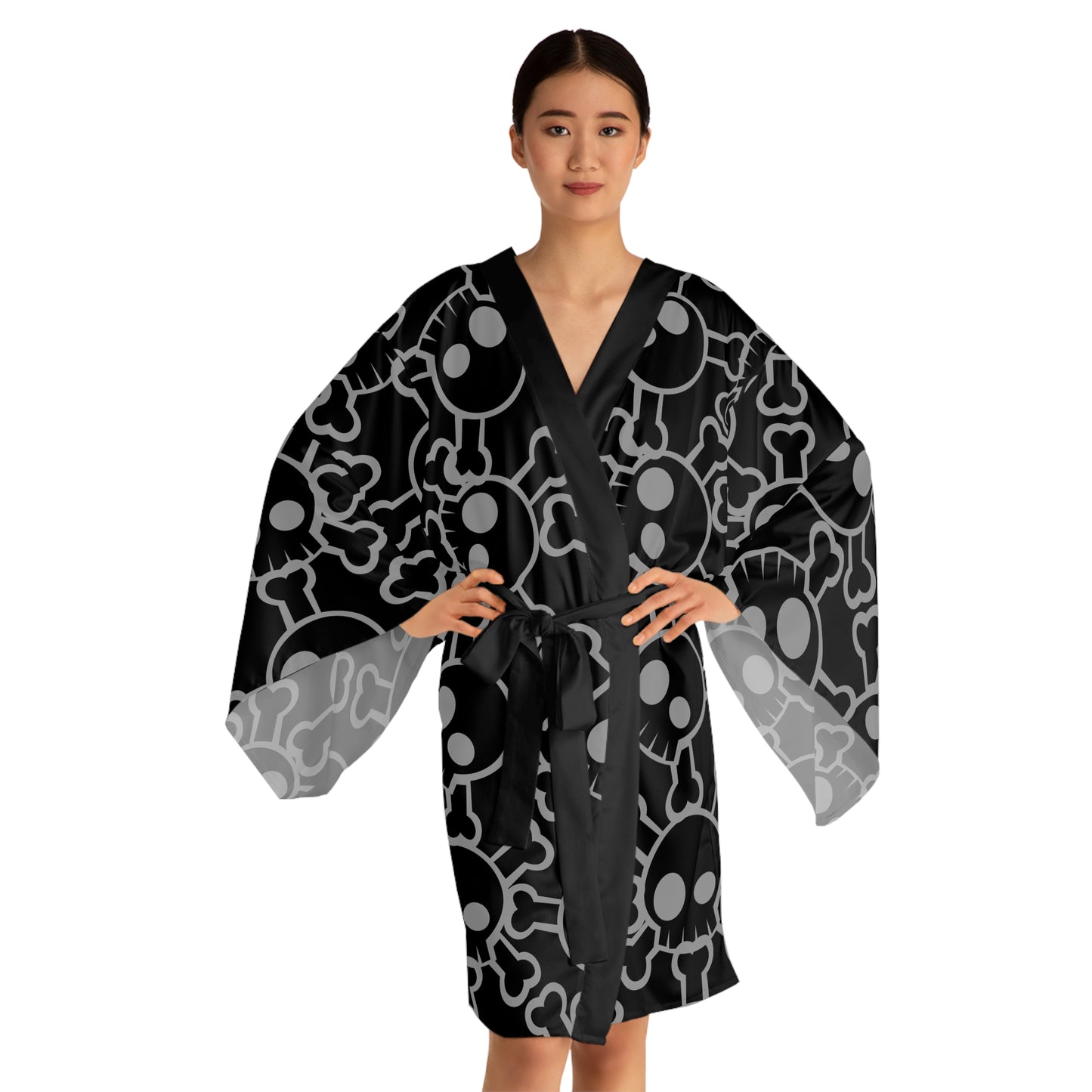Gothic Skull Print Long Sleeve Kimono Robe, Stylish Loungewear, Alternative Fashion, Edgy Gift, Cozy Layering Piece, Halloween Outfit
