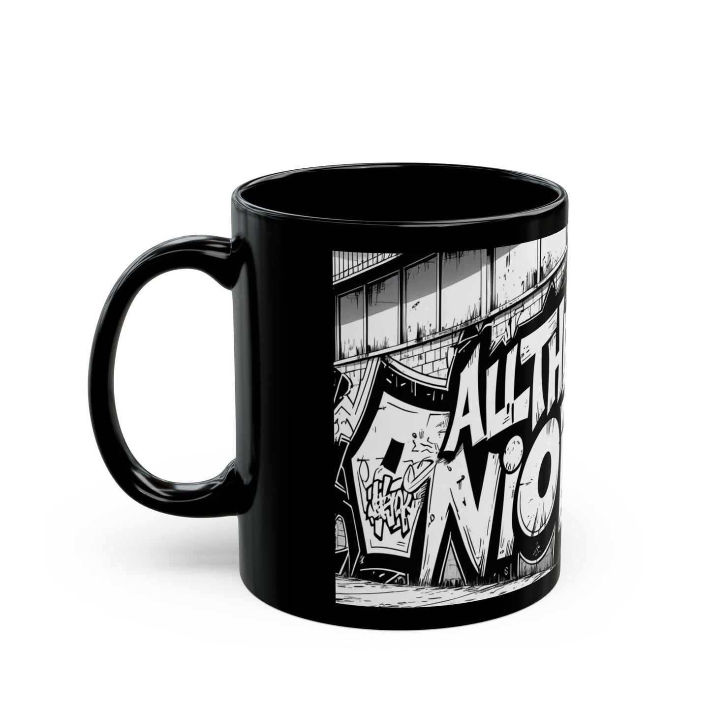 Bold Graffiti All the Gear No Idea Black Mug, Artistic Gift for Hip-Hop Lovers, Streetwear Style Coffee Cup, Unique Home Decor, Cool Birthday Present