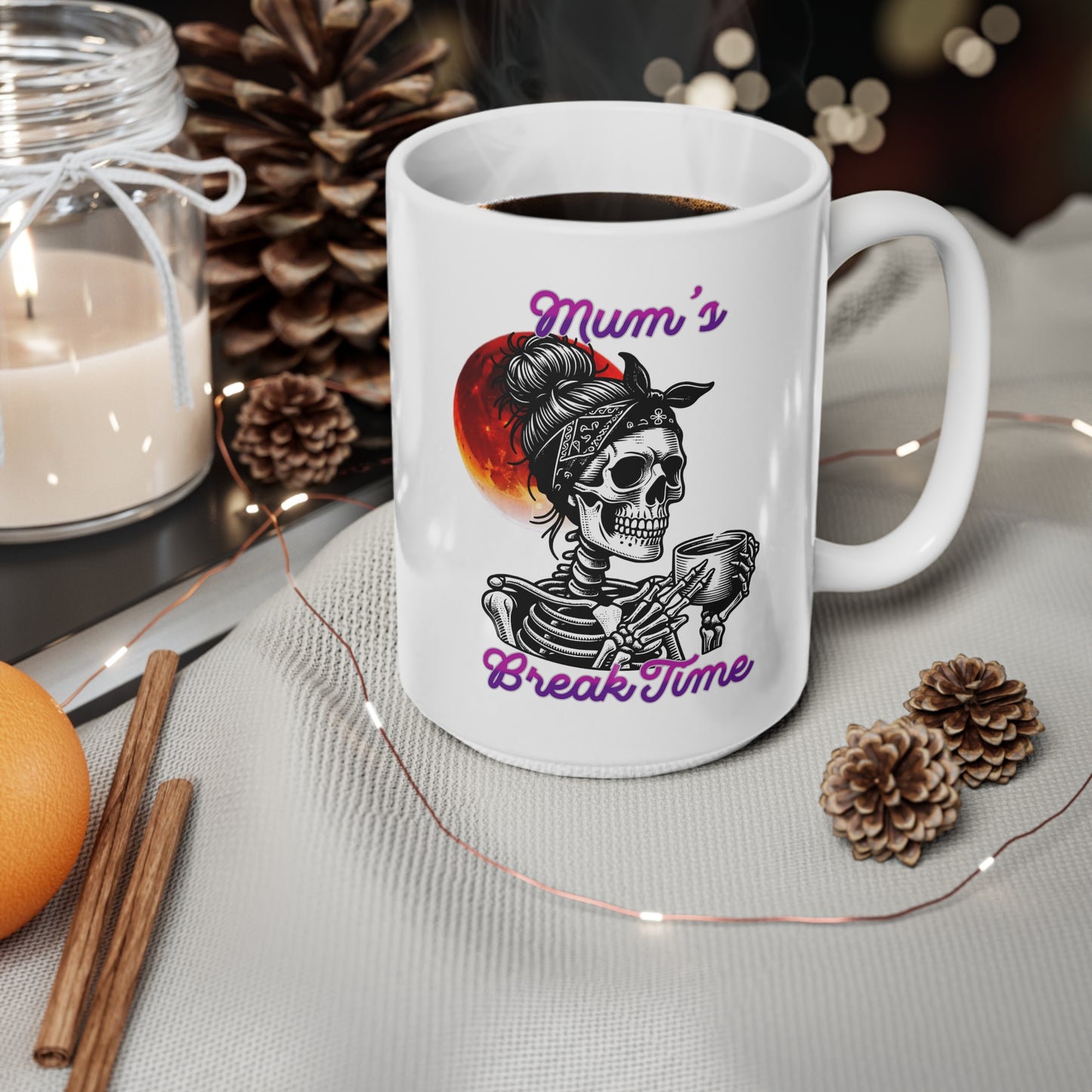 Skull Mom Coffee Mug, Unique Gift for Moms, Halloween Decor, Break Time Cup, Coffee Lovers, 11oz and 15oz Available