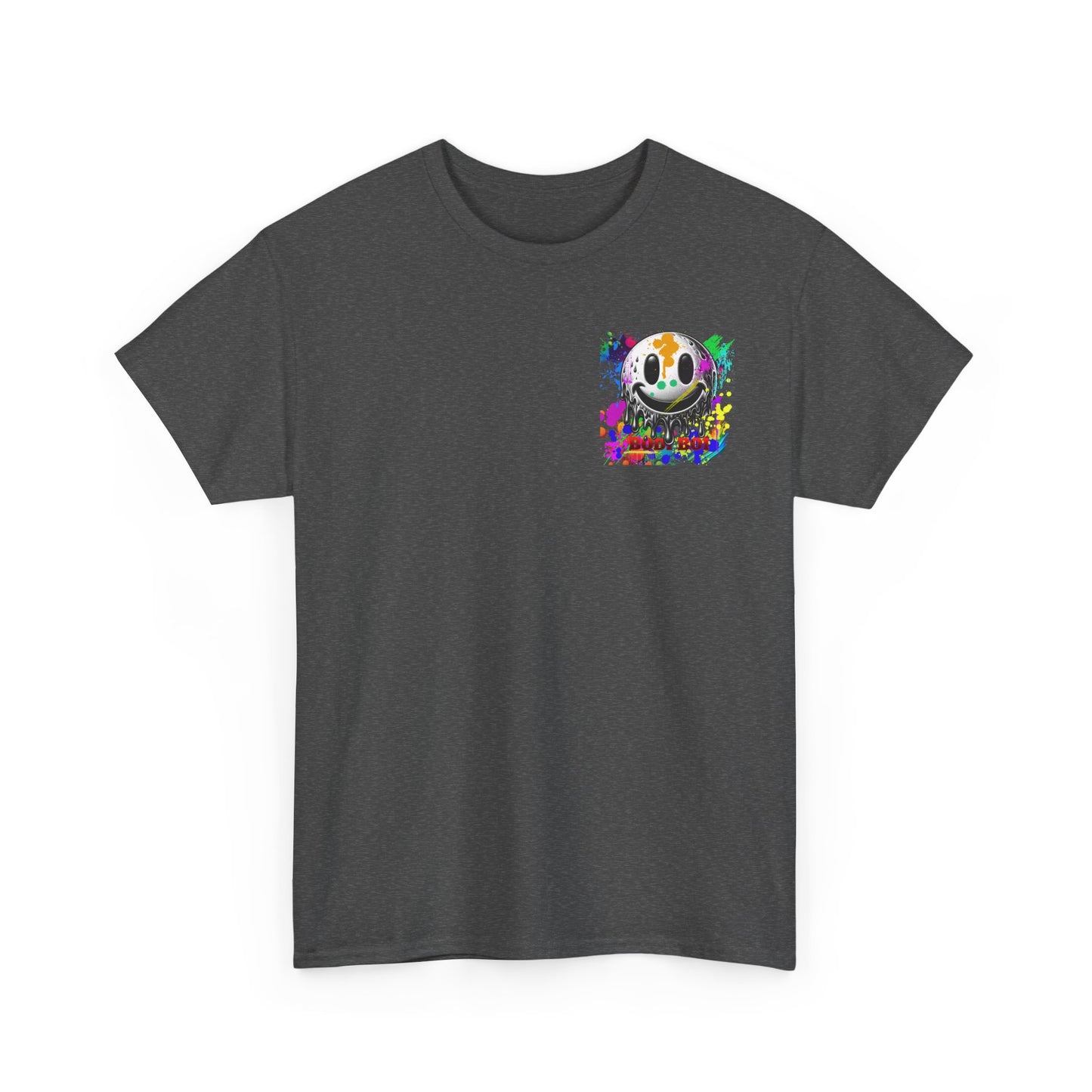 Colorful Graffiti Tee, Unisex Heavy Cotton Tee with Smiley Face Design, Streetwear Top, Graphic Tee for Art Lovers, Casual Gift for Friends