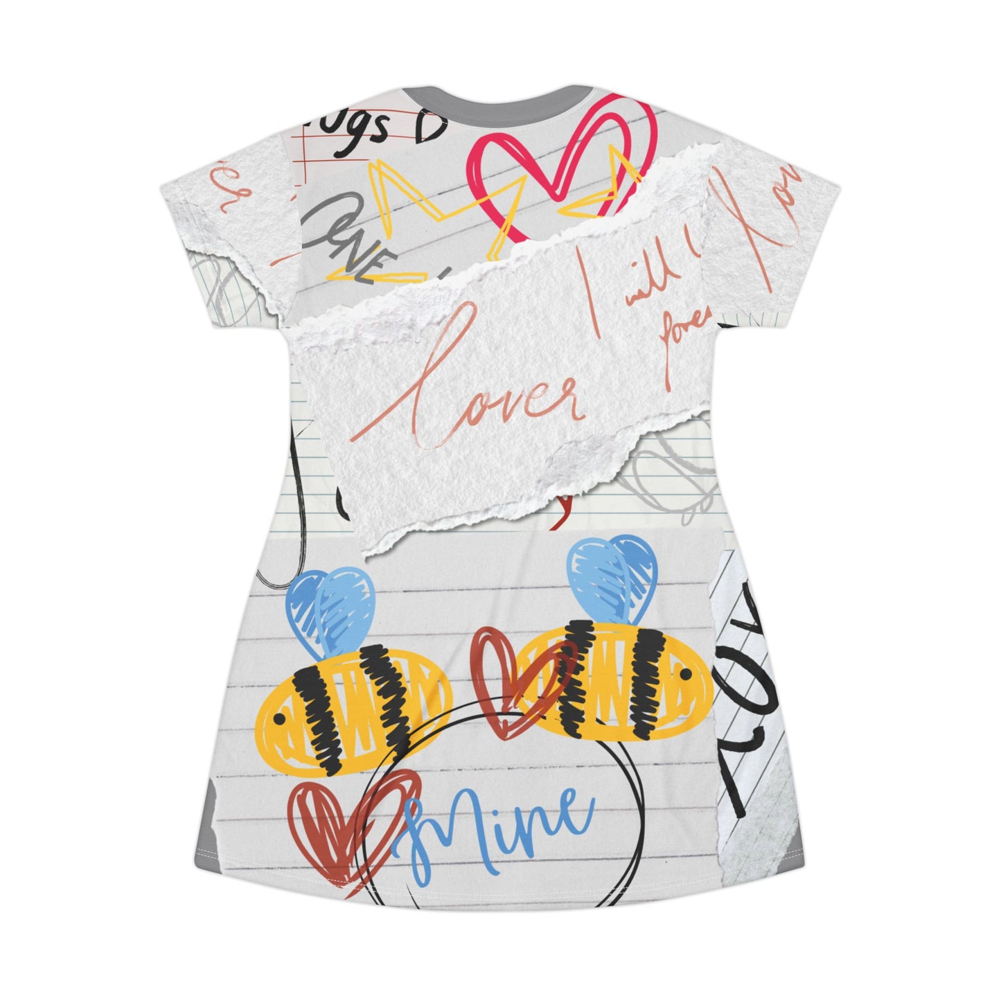 Cute Love Notes T-Shirt Dress, Casual Dress, Summer Fashion, Gift for Her, Valentines Day Outfit, Cute Bee Print Dress