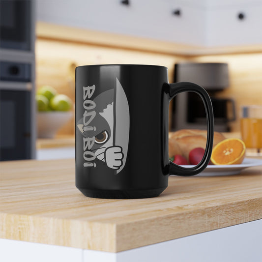 Cute Cat Mug, Bodi Boi Coffee Cup, Fun Cat Lover Gift, Black 15oz Ceramic Mug, Feline Home Decor, Pet-Themed Drinkware