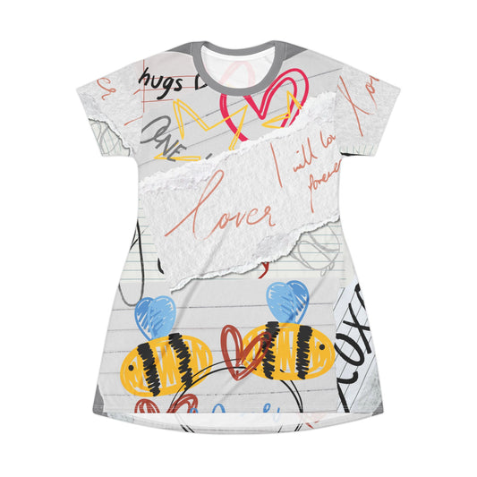 Cute Love Notes T-Shirt Dress, Casual Dress, Summer Fashion, Gift for Her, Valentines Day Outfit, Cute Bee Print Dress