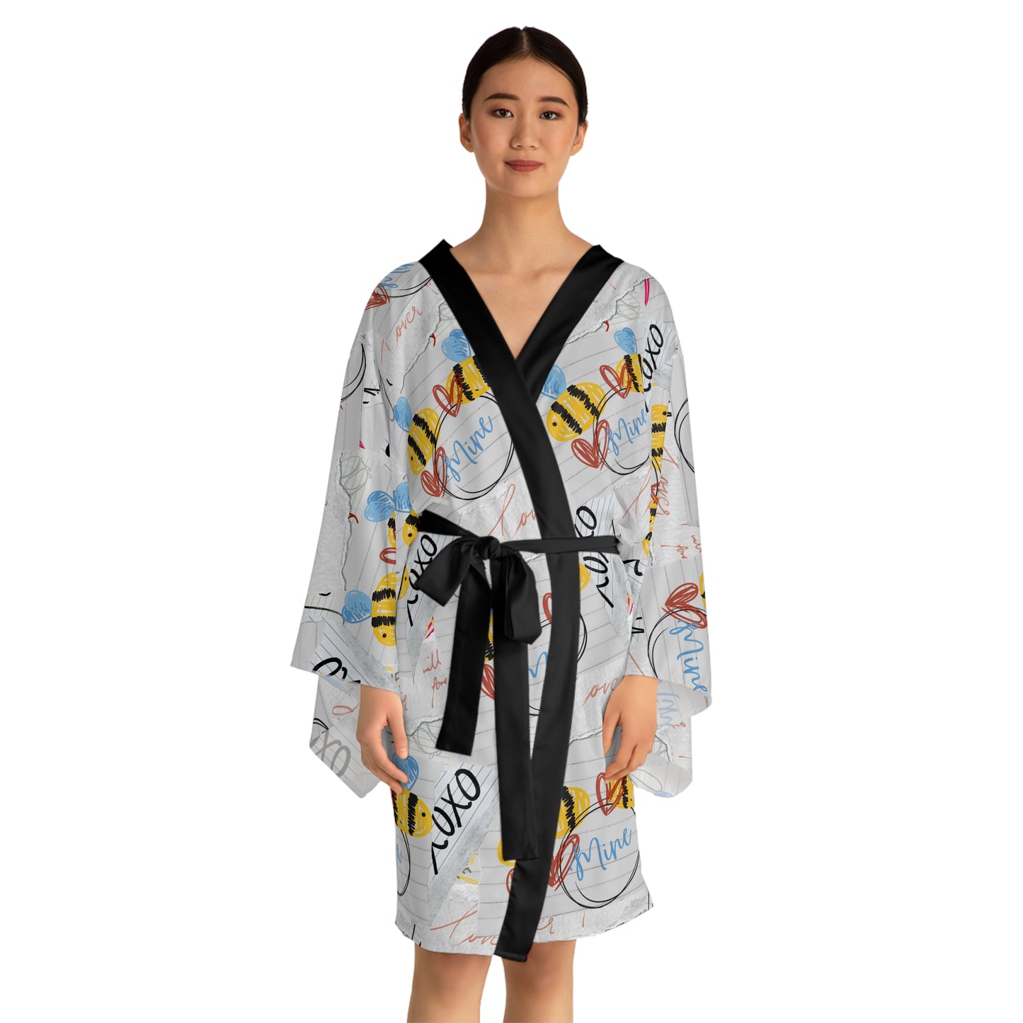 Bee-Inspired Long Sleeve Kimono Robe, Relaxing Loungewear, Gift for Her, Cozy Spa Day Attire, Summer Nights Robe, Unique Bee Print