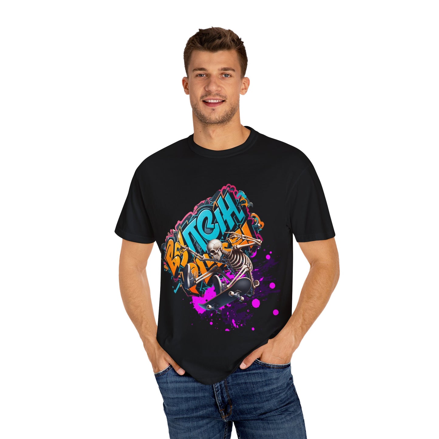 Edgy Skeleton Graffiti T-Shirt, Unisex Graphic Tee, Halloween Costume Shirt, Streetwear Style, Cool Gift for Teens