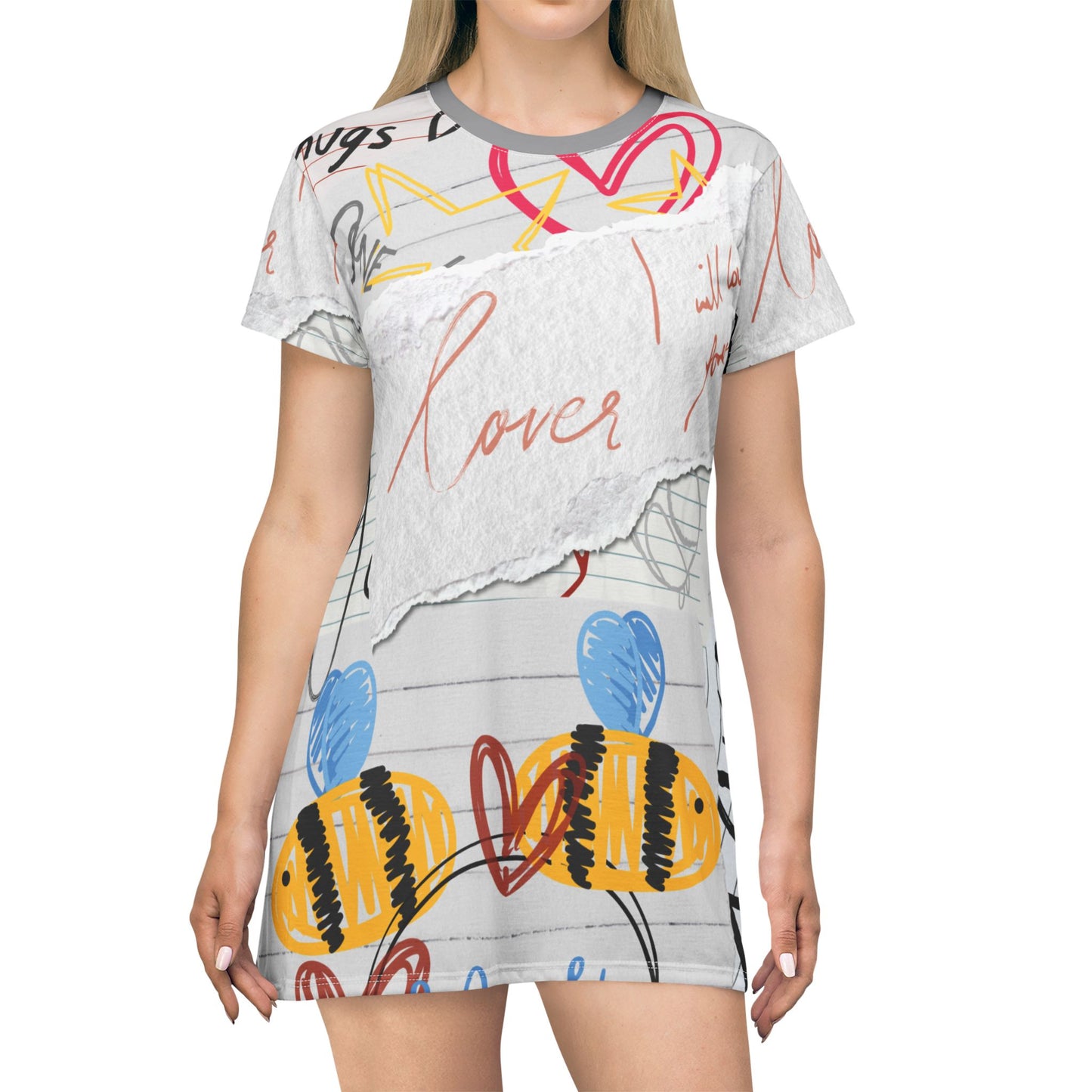 Cute Love Notes T-Shirt Dress, Casual Dress, Summer Fashion, Gift for Her, Valentines Day Outfit, Cute Bee Print Dress
