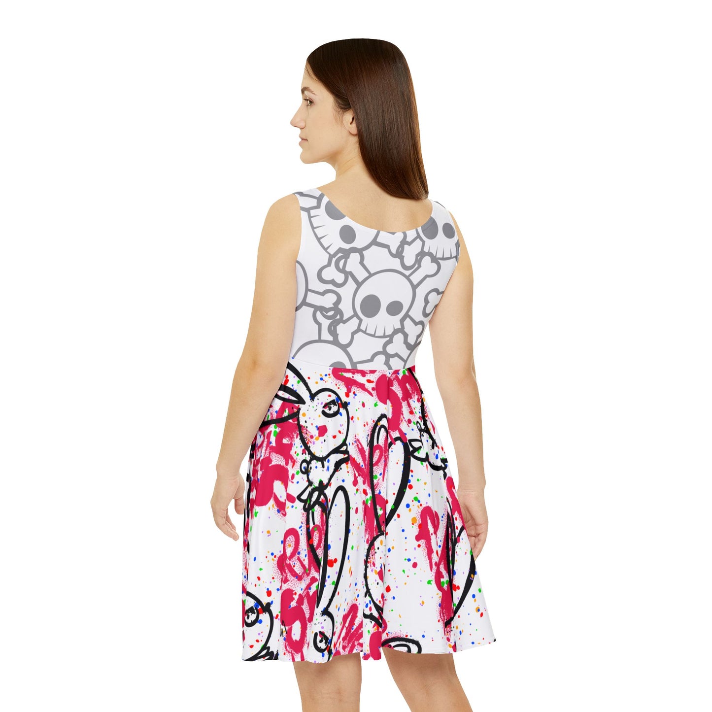 Edgy Skull Print Womens Skater Dress, Casual Summer Dress, Gothic Style, Festival Attire, Halloween Party Outfit, Unique Gift