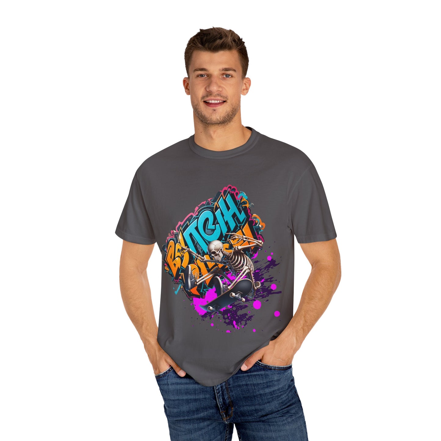 Edgy Skeleton Graffiti T-Shirt, Unisex Graphic Tee, Halloween Costume Shirt, Streetwear Style, Cool Gift for Teens