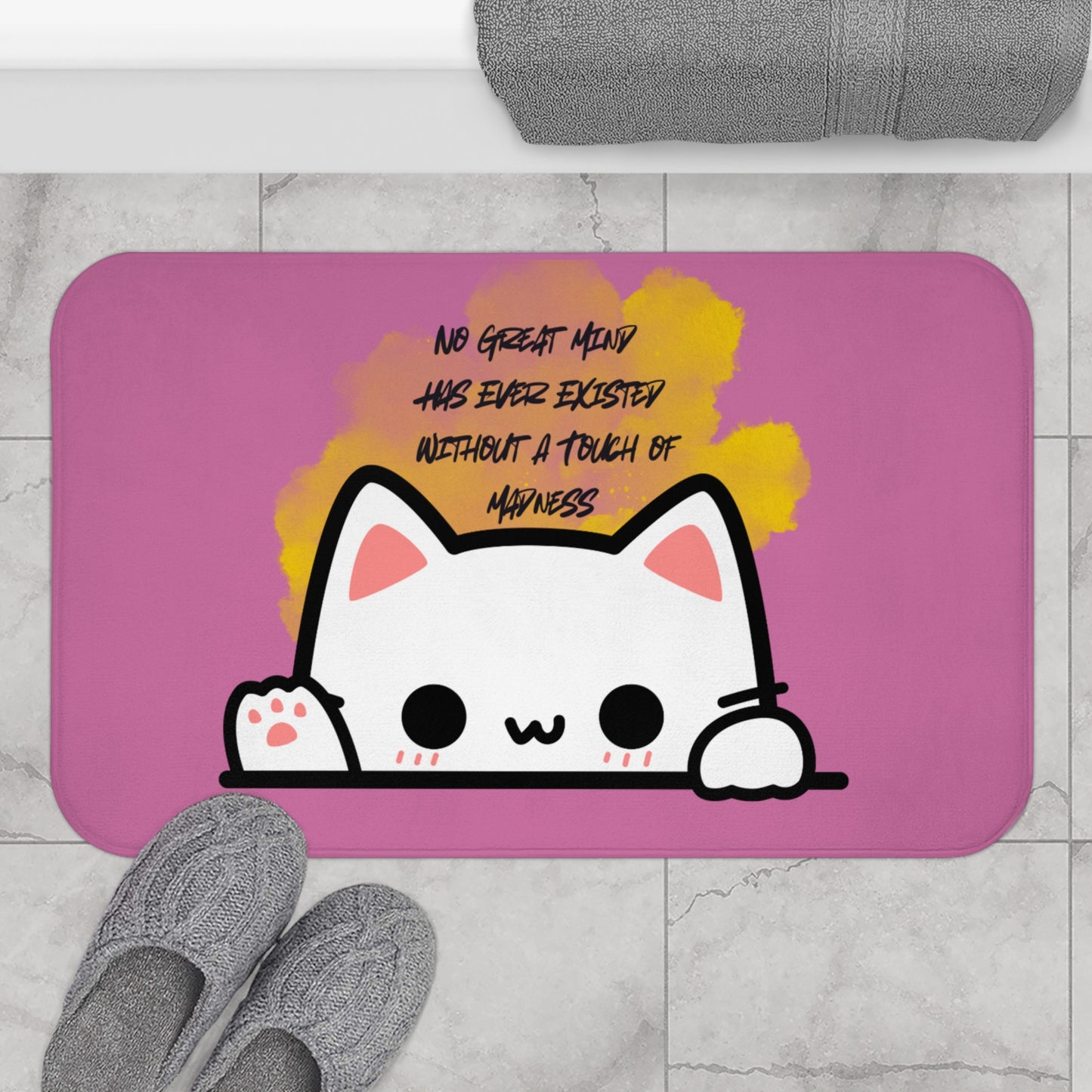 Great Mind Cat Bath Mat with Cheerful Quote, Cute Bathroom Decor, Perfect Gift for Cat Lovers, Fun Home Accessories, Pet Themed Gifts