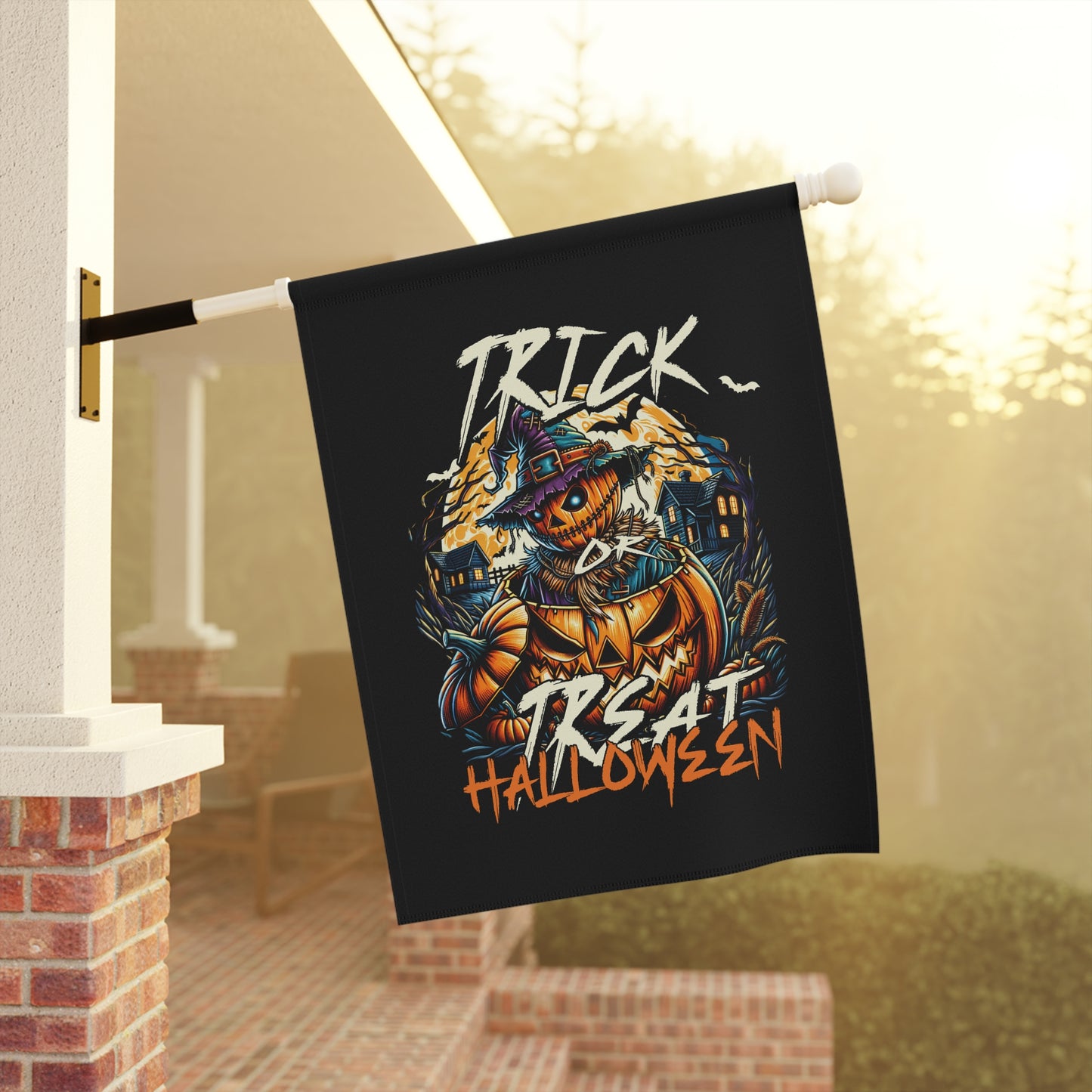 Halloween Garden Flag, Trick or Treat Banner, Scarecrow Decoration, Spooky Outdoor Decor, Fall Home Accents