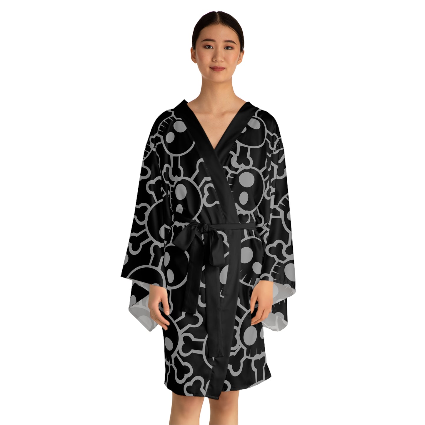 Gothic Skull Print Long Sleeve Kimono Robe, Stylish Loungewear, Alternative Fashion, Edgy Gift, Cozy Layering Piece, Halloween Outfit