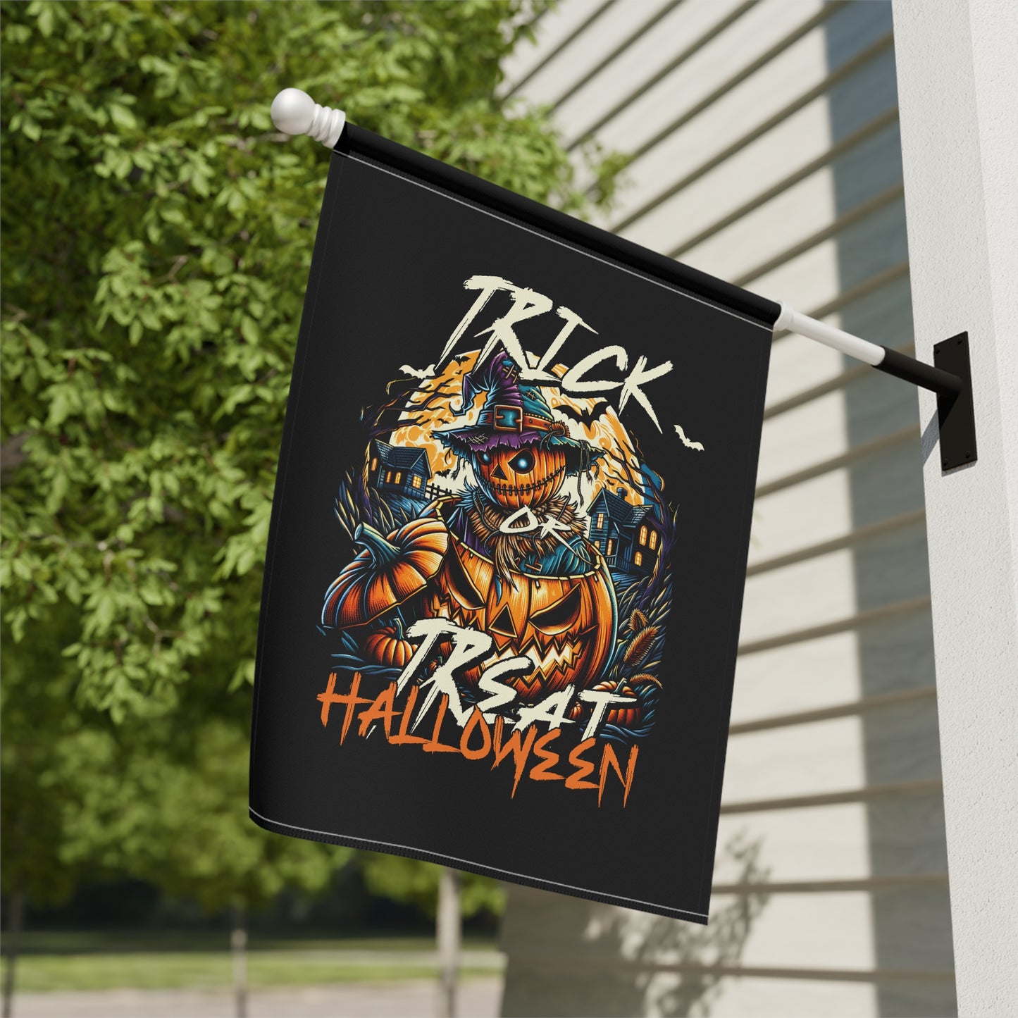 Halloween Garden Flag, Trick or Treat Banner, Scarecrow Decoration, Spooky Outdoor Decor, Fall Home Accents