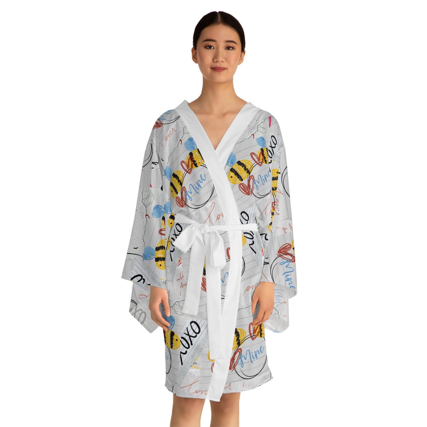 Bee-Inspired Long Sleeve Kimono Robe, Relaxing Loungewear, Gift for Her, Cozy Spa Day Attire, Summer Nights Robe, Unique Bee Print
