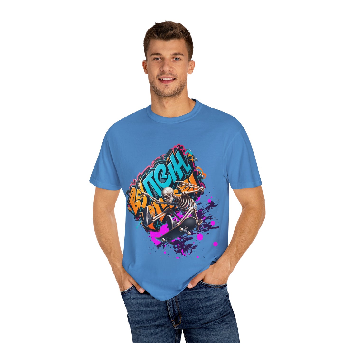 Edgy Skeleton Graffiti T-Shirt, Unisex Graphic Tee, Halloween Costume Shirt, Streetwear Style, Cool Gift for Teens