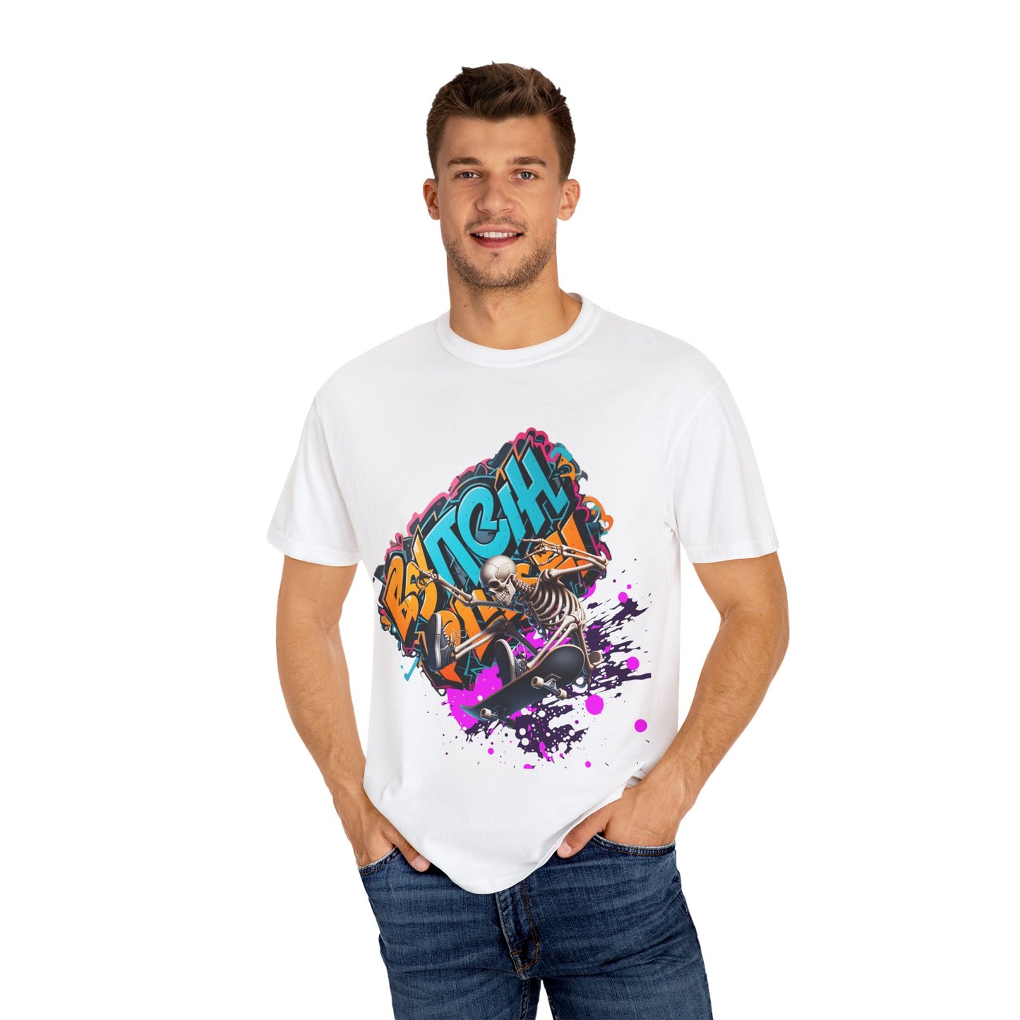 Edgy Skeleton Graffiti T-Shirt, Unisex Graphic Tee, Halloween Costume Shirt, Streetwear Style, Cool Gift for Teens