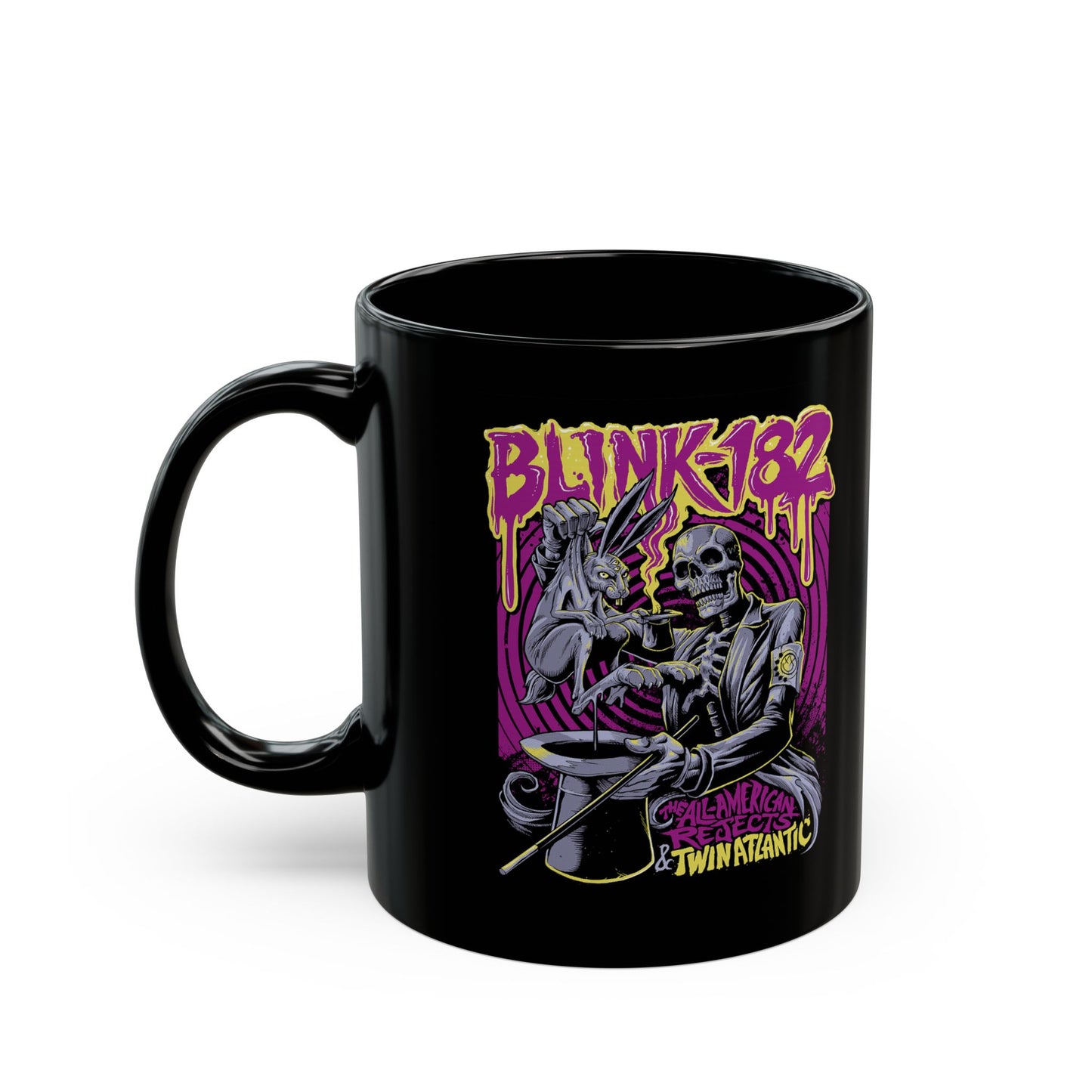 Blink-182 Graphic Mug, Cool Music Gift for Fans, 11oz Black Coffee Cup, Vintage Band Merchandise, Perfect for Birthdays and Holidays
