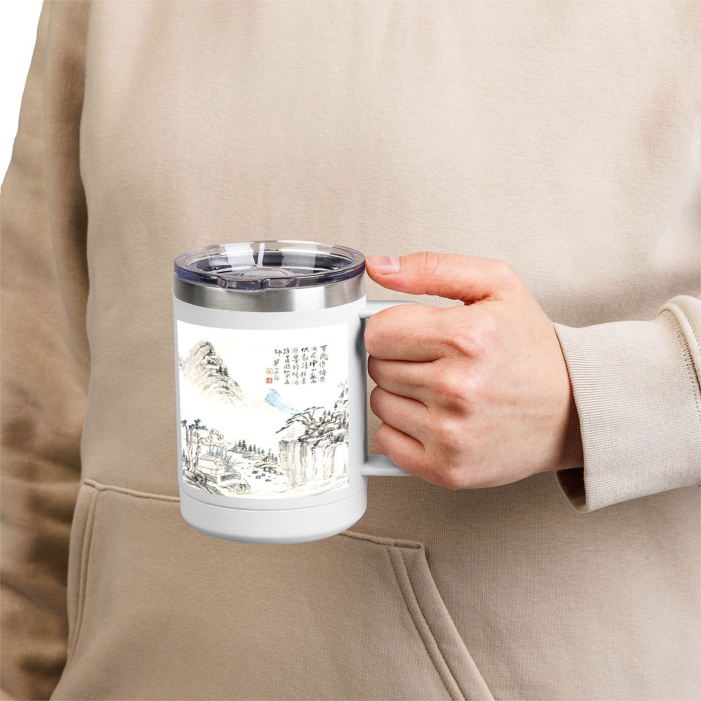 Serene Mountain Landscape Coffee Mug Tumbler, 15oz | Art Lover Gift, Travel Mug, Nature Decor, Tea Cup, Unique Art Piece