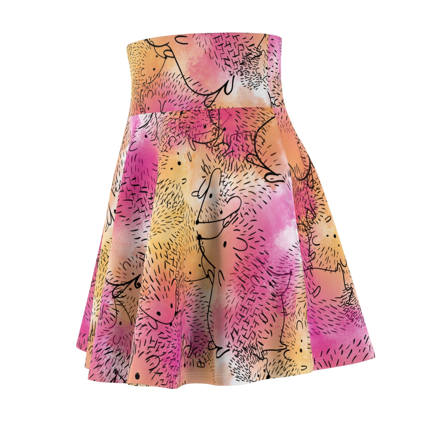 Whimsical Hedgehog Print Skater Skirt, Cute Floral Skirt, Summer Fashion, Festival Outfit, Gift for Her, Casual Wear