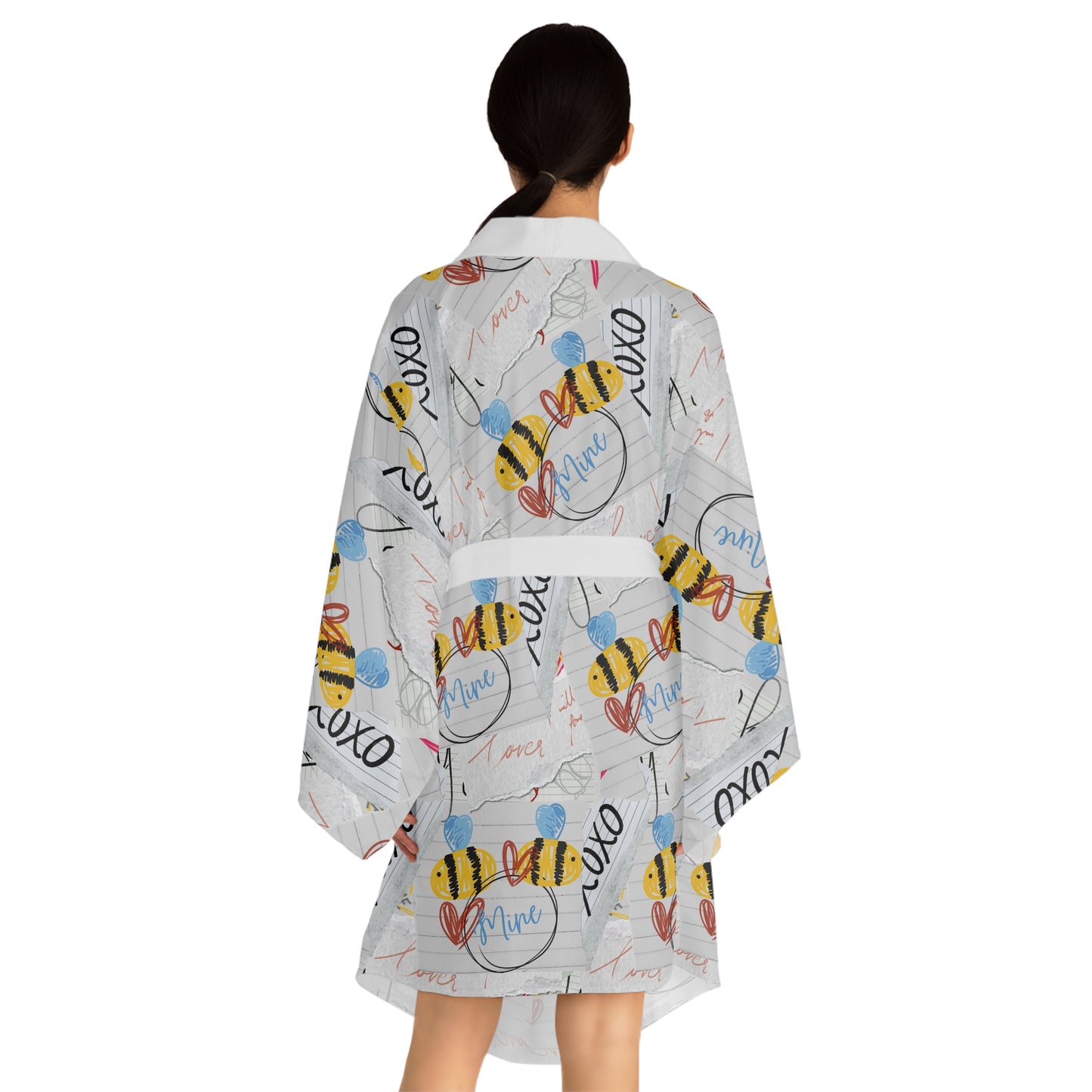 Bee-Inspired Long Sleeve Kimono Robe, Relaxing Loungewear, Gift for Her, Cozy Spa Day Attire, Summer Nights Robe, Unique Bee Print