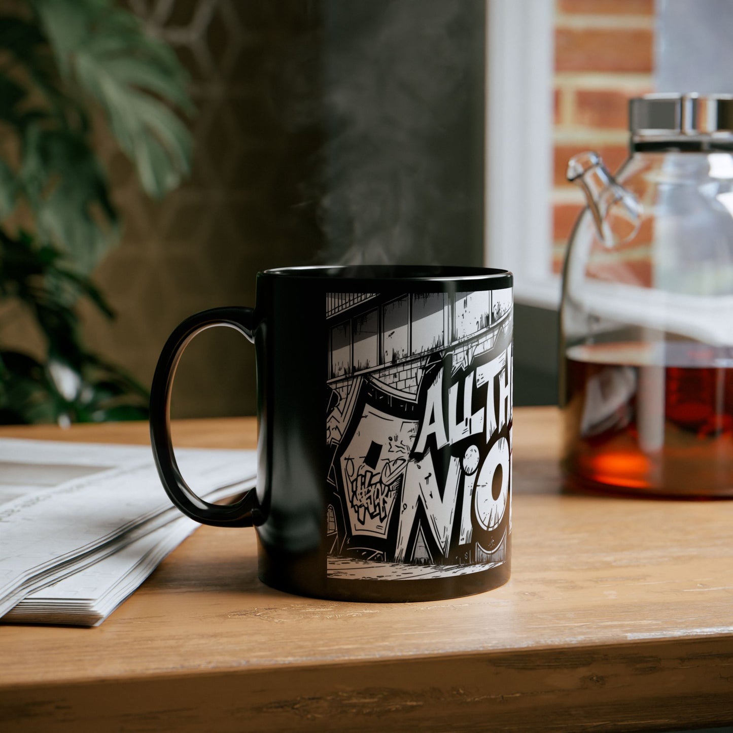 Bold Graffiti All the Gear No Idea Black Mug, Artistic Gift for Hip-Hop Lovers, Streetwear Style Coffee Cup, Unique Home Decor, Cool Birthday Present
