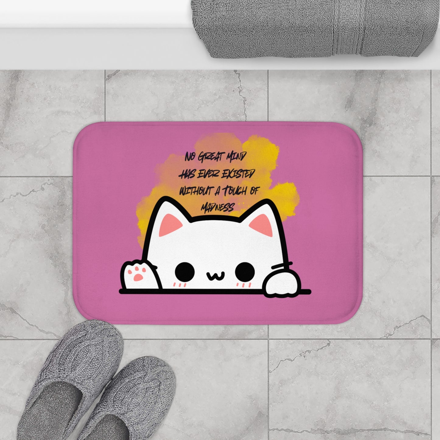 Great Mind Cat Bath Mat with Cheerful Quote, Cute Bathroom Decor, Perfect Gift for Cat Lovers, Fun Home Accessories, Pet Themed Gifts