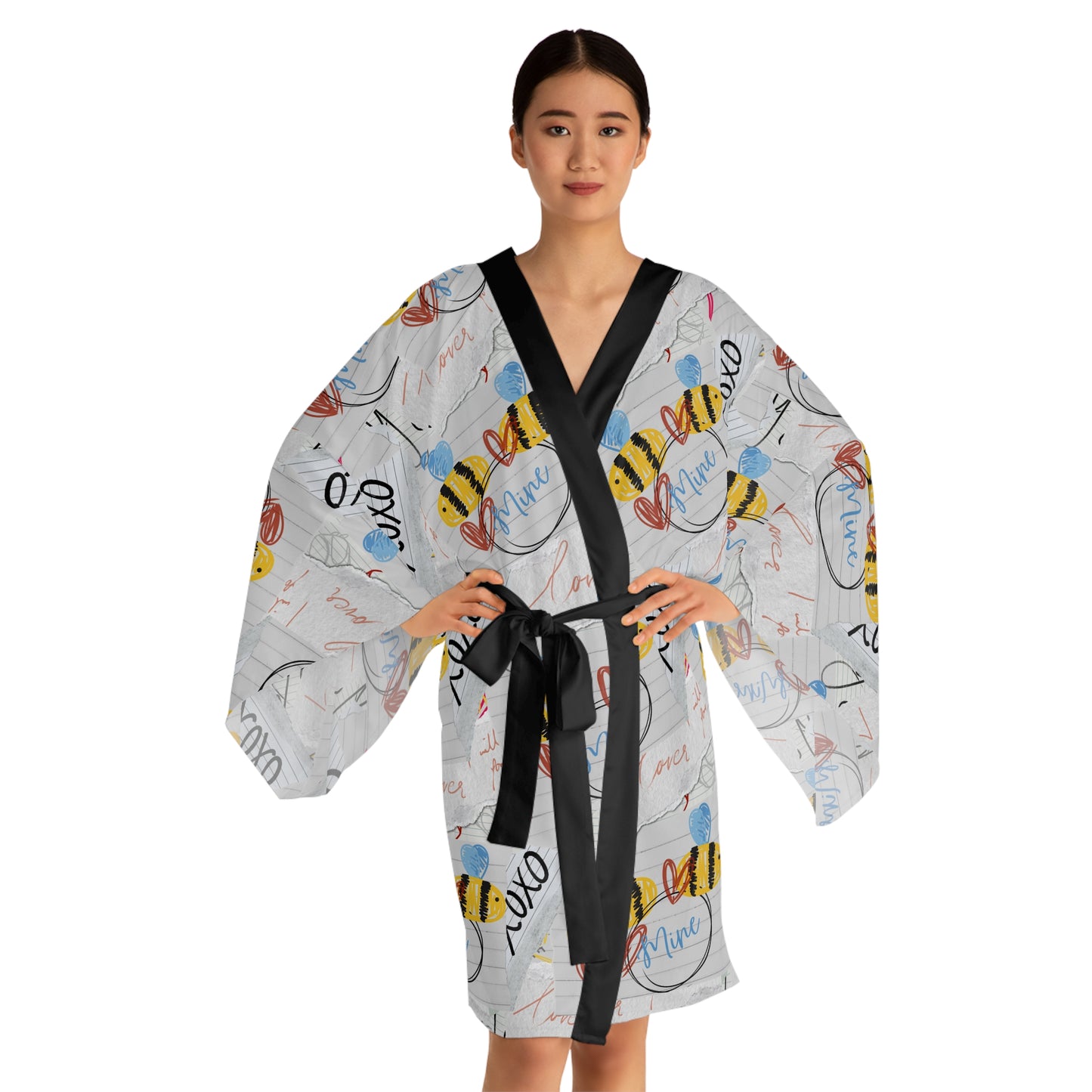 Bee-Inspired Long Sleeve Kimono Robe, Relaxing Loungewear, Gift for Her, Cozy Spa Day Attire, Summer Nights Robe, Unique Bee Print