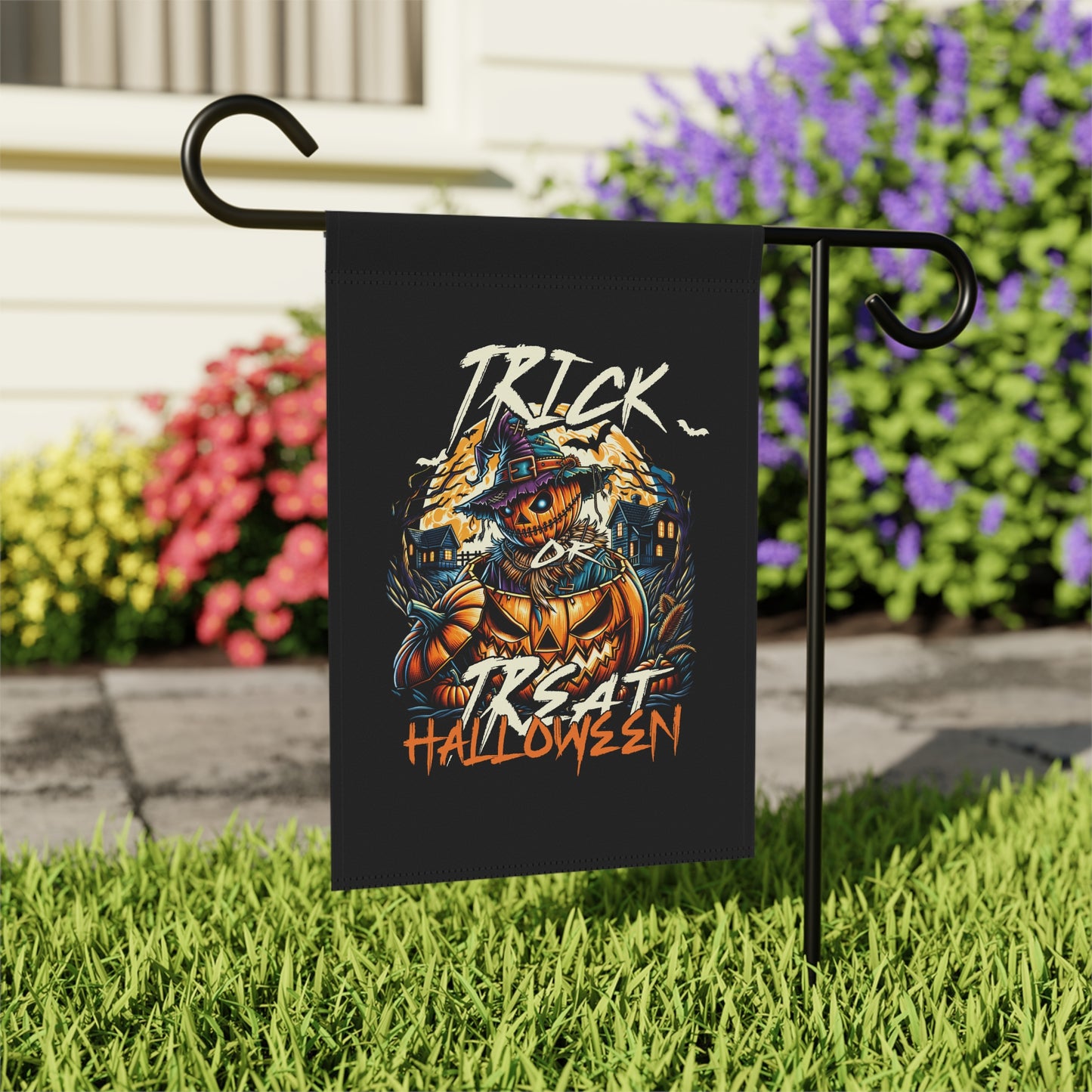 Halloween Garden Flag, Trick or Treat Banner, Scarecrow Decoration, Spooky Outdoor Decor, Fall Home Accents