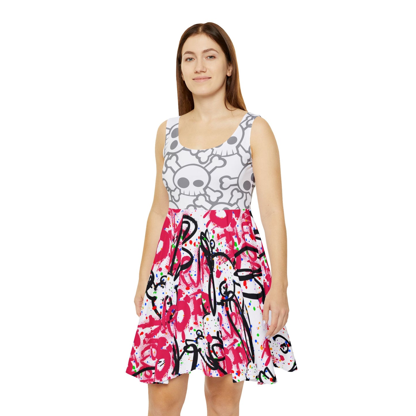Edgy Skull Print Womens Skater Dress, Casual Summer Dress, Gothic Style, Festival Attire, Halloween Party Outfit, Unique Gift