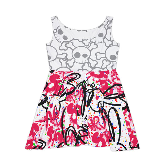 Edgy Skull Print Womens Skater Dress, Casual Summer Dress, Gothic Style, Festival Attire, Halloween Party Outfit, Unique Gift