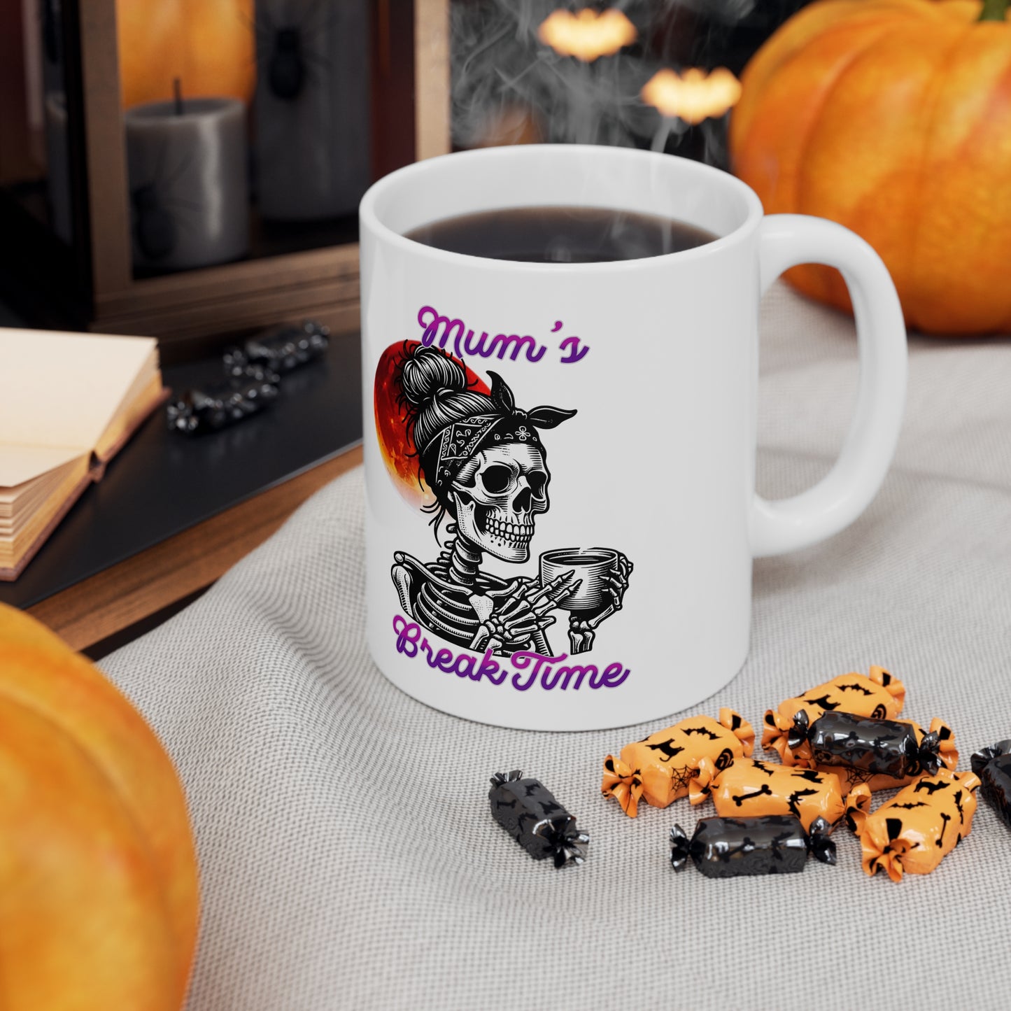 Skull Mom Coffee Mug, Unique Gift for Moms, Halloween Decor, Break Time Cup, Coffee Lovers, 11oz and 15oz Available