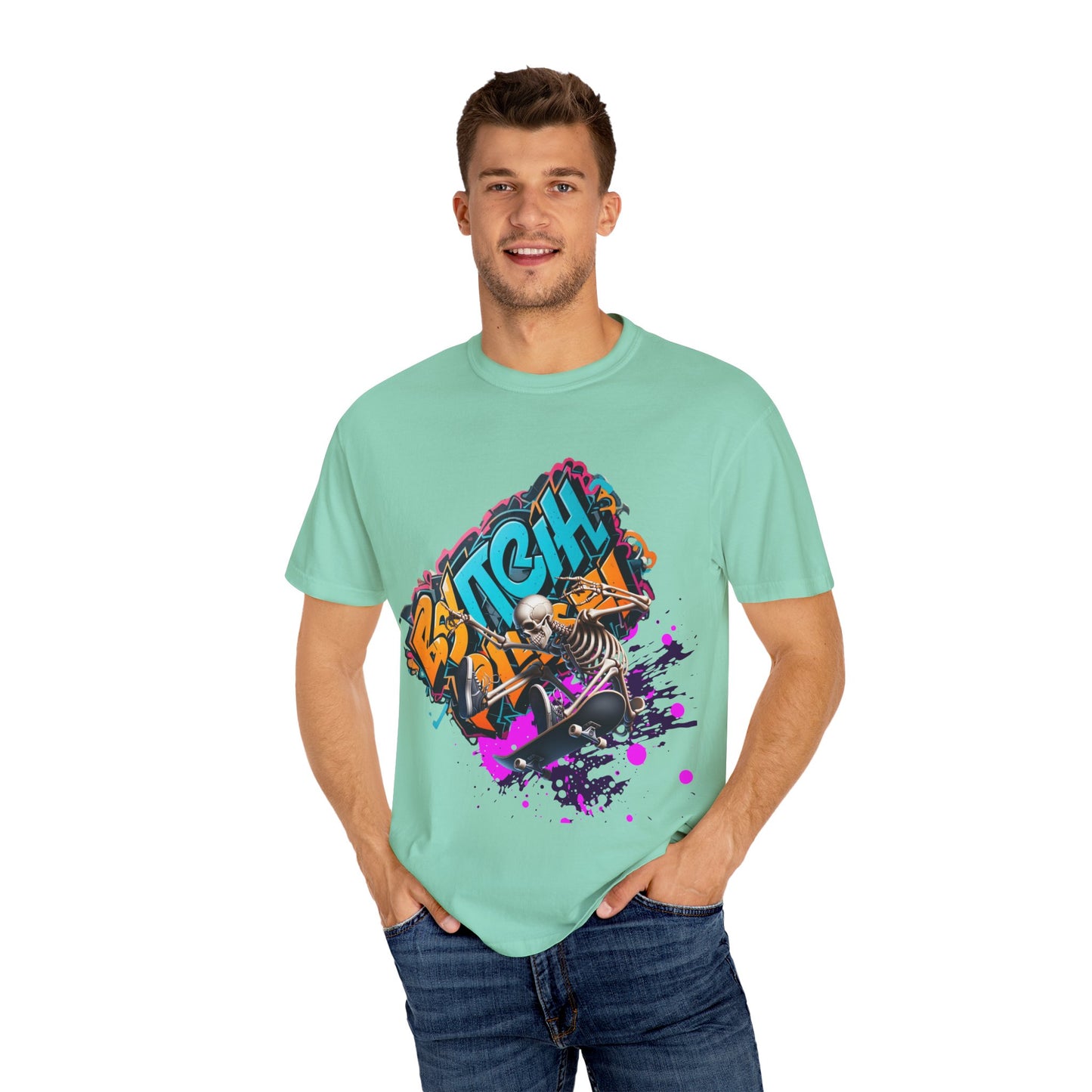 Edgy Skeleton Graffiti T-Shirt, Unisex Graphic Tee, Halloween Costume Shirt, Streetwear Style, Cool Gift for Teens