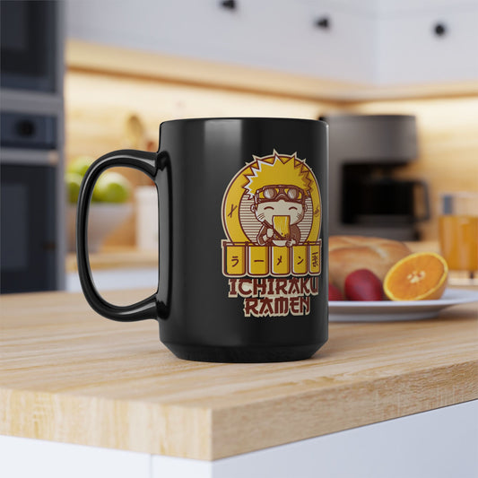 Naruto Ramen Black Mug, 15oz Ceramic Cup, Anime Gift, Coffee Lover's Mug, Nerdy Kitchen Decor, Geeky Drinkware