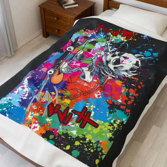 Colorful Skull Skateboarding Velveteen Plush Blanket | Cozy Gift for Teens, Chill Vibes, Home Decor, Halloween, Unique Room Accent
