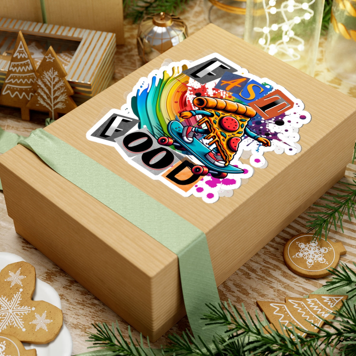 Fast Food Skateboarding Pizza Kiss-Cut Stickers, Fun Laptop Decal, Colorful Wall Art, Gifts for Food Lovers, Kids Party Supplies