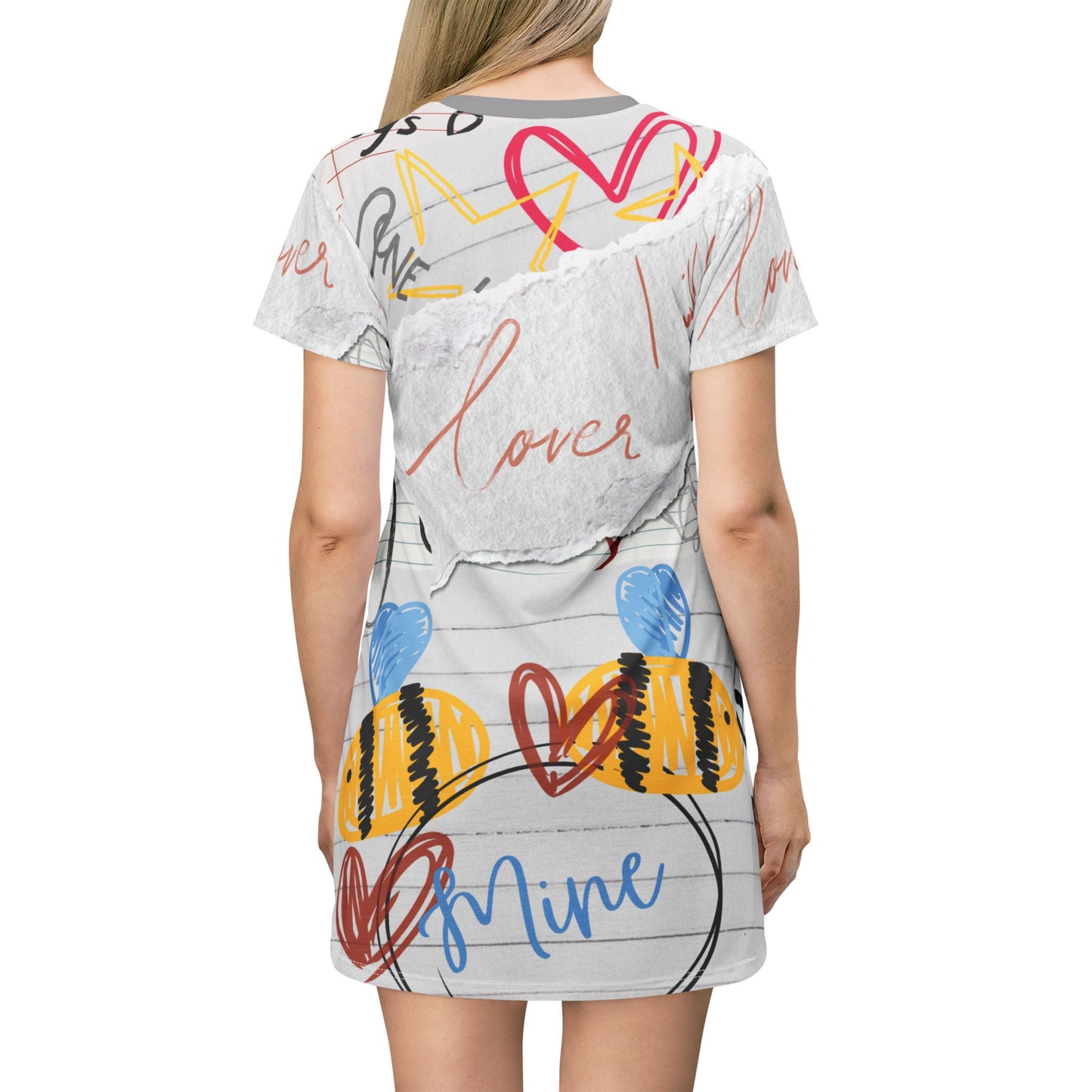 Cute Love Notes T-Shirt Dress, Casual Dress, Summer Fashion, Gift for Her, Valentines Day Outfit, Cute Bee Print Dress